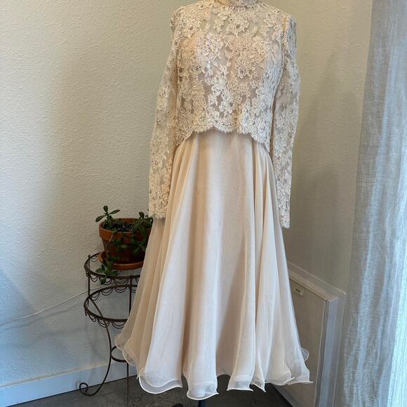 Vintage Women Small Dress Ivory Lace Chiffon Dress High Neck Long Sleeve Bridal - Picture 2 of 5